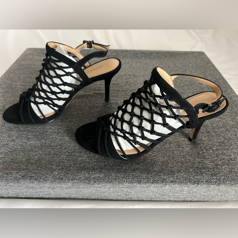 Antonio Melani Jair Black Suede Cage Sandal Heels
